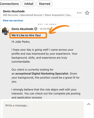 Mensagem de recrutador no LinkedIn para João Pedro sobre vaga de especialista em marketing digital