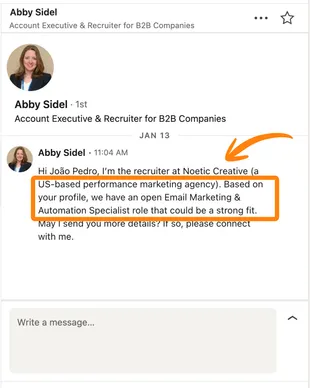 Mensagem de recrutadora de agência americana no LinkedIn para João Pedro sobre vaga de e-mail marketing e automação