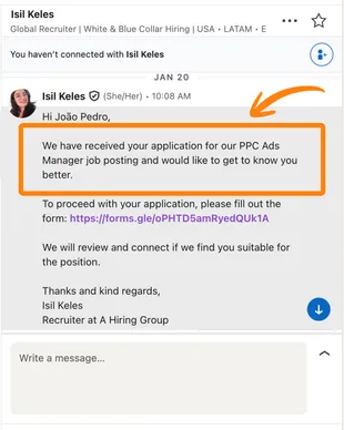 Mensagem de recrutadora no LinkedIn para João Pedro sobre a candidatura dele a uma vaga de gestor de anúncios PPC