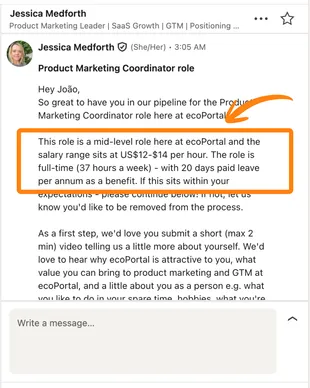 Mensagem de recrutadora no LinkedIn para João Pedro sobre vaga de coordenador de marketing de produto
