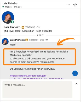 Mensagem de recrutadora no LinkedIn para João Pedro sobre vaga de marketing digital numa empresa americana