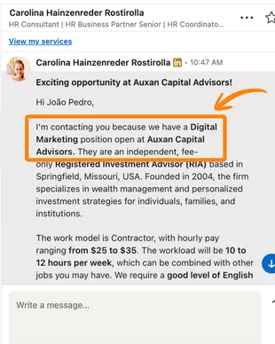 Mensagem de recrutadora no LinkedIn para João Pedro sobre vaga de marketing digital numa gestora de investimentos dos EUA