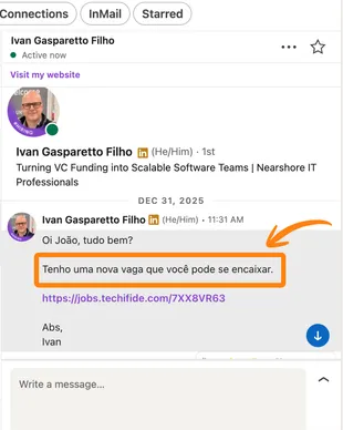 Mensagem de recrutador em português no LinkedIn para João Pedro sobre uma nova vaga